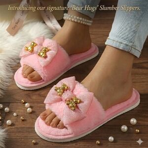 Women's New Style Bear Bow Soft Warm Cozy Fuzzy Indoor Slippers